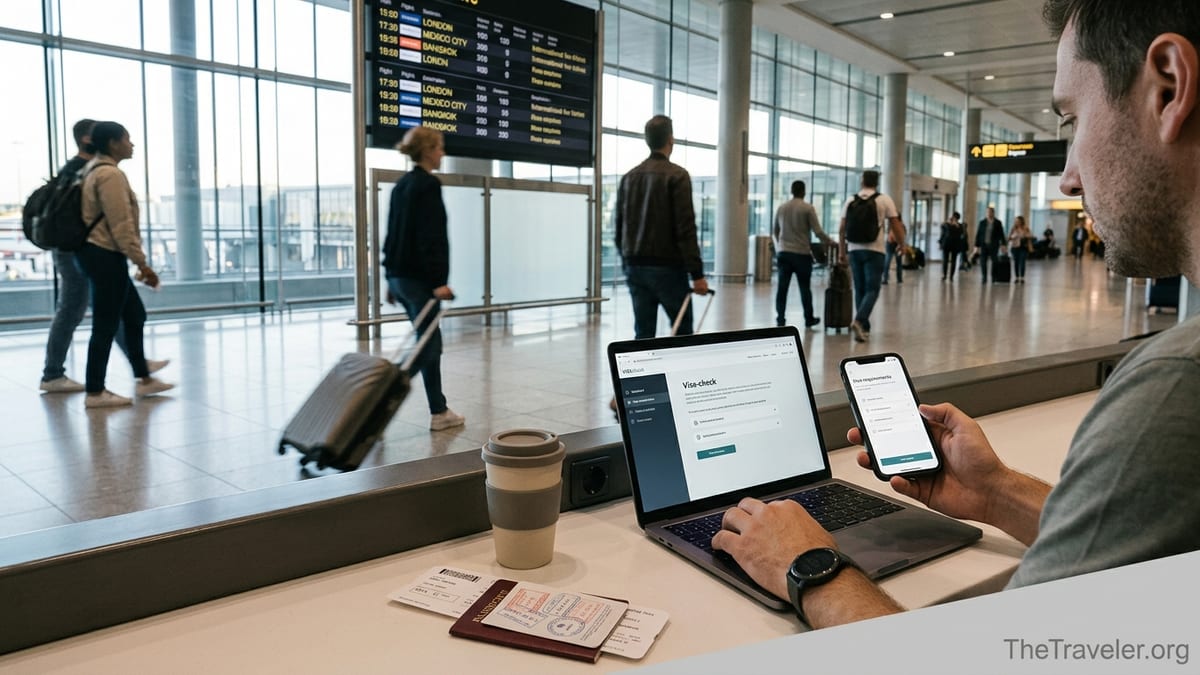 Traveler in an airport checking visa requirements on laptop and phone.