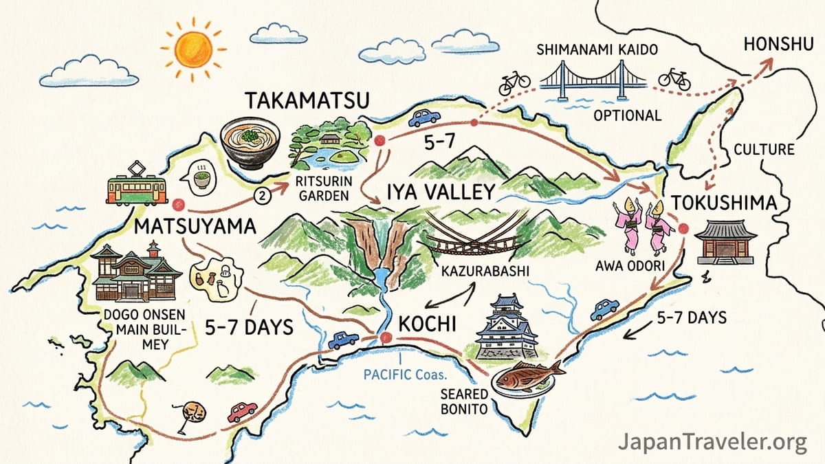 Sunrise over Shikoku’s misty Iya Valley gorge with a parked car on a winding mountain road.