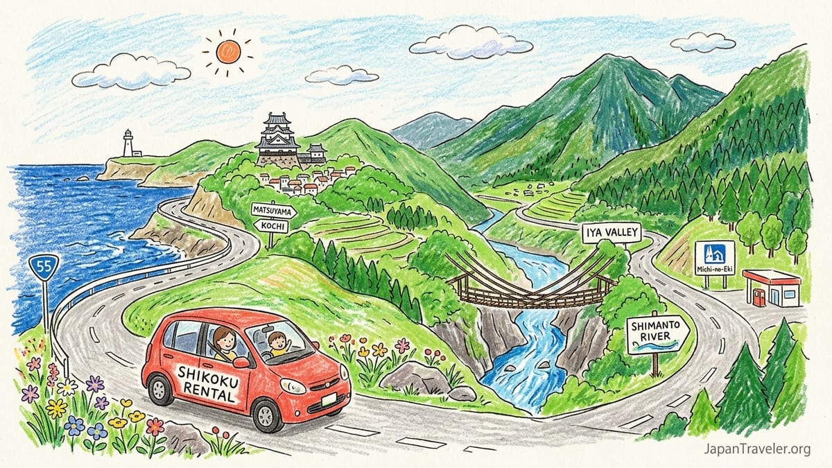 Mountain road lay by overlooking the Shimanto River valley on a sunny day in Shikoku.