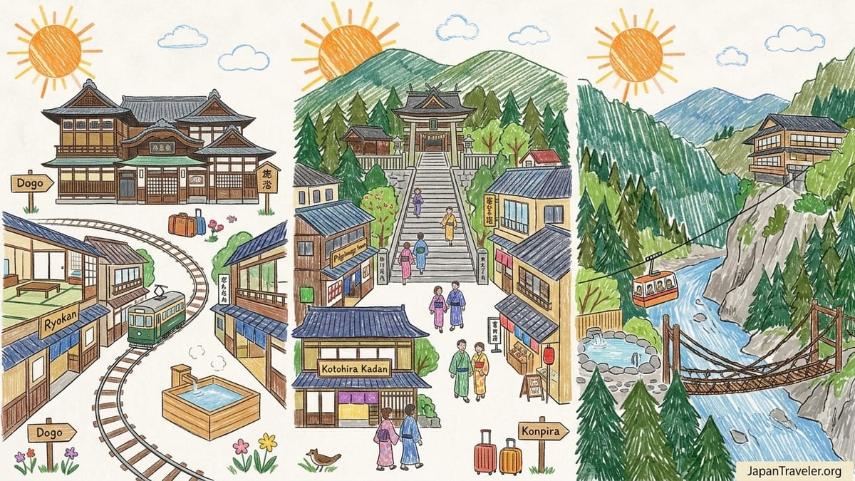 Evening street scene in Dogo Onsen with lit wooden bathhouse and yukata clad visitors.