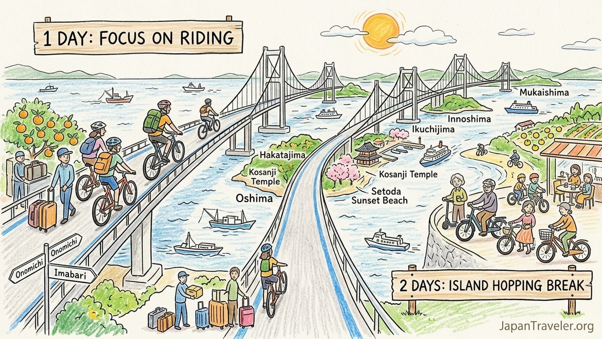 Cyclists on the Shimanami Kaido crossing a bridge over the Seto Inland Sea at sunset.