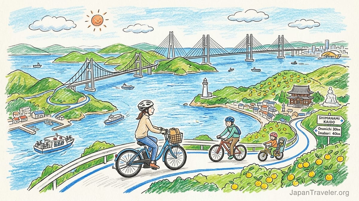 Cyclists ride along the Kurushima Kaikyo Bridge with islands of the Seto Inland Sea in the background.