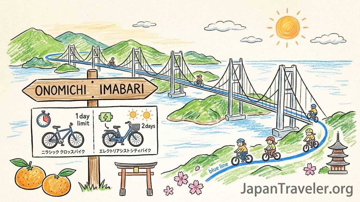 Cyclists crossing a Shimanami Kaido suspension bridge bike lane over Japan’s island dotted Seto Inland Sea in soft lateaftern