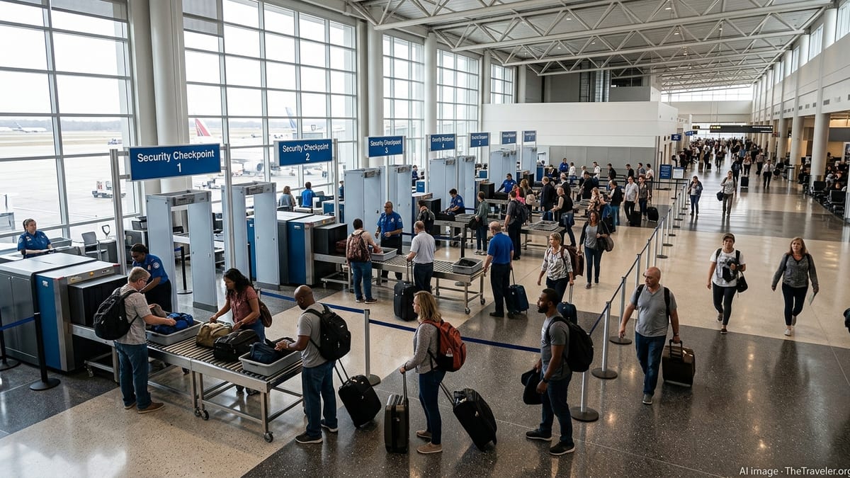 Travelers passing quickly through short security lines in a bright U.S. airport terminal.
