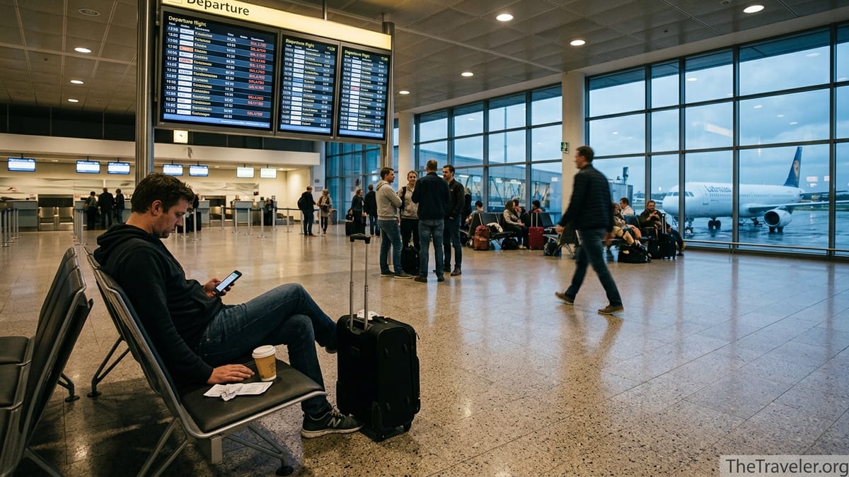 Traveler checking delayed flight information on phone in busy European airport terminal.