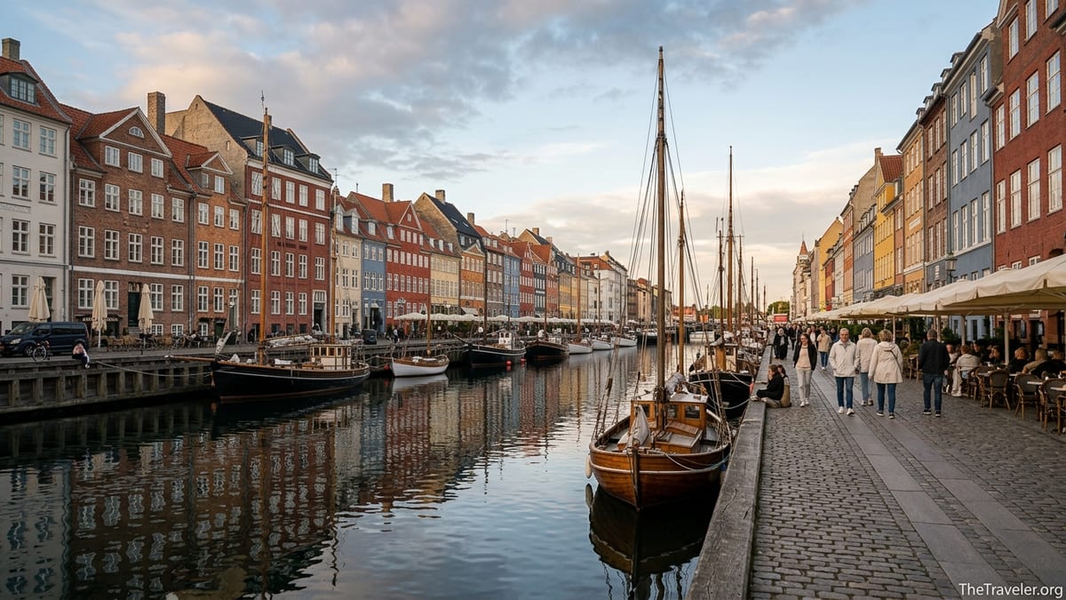Nyhavn’s colorful canal houses and boats in Copenhagen at golden hour.