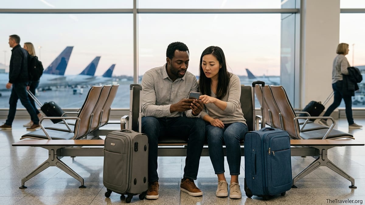 Travelers at an airport checking a hotel booking app on a phone while waiting with luggage.