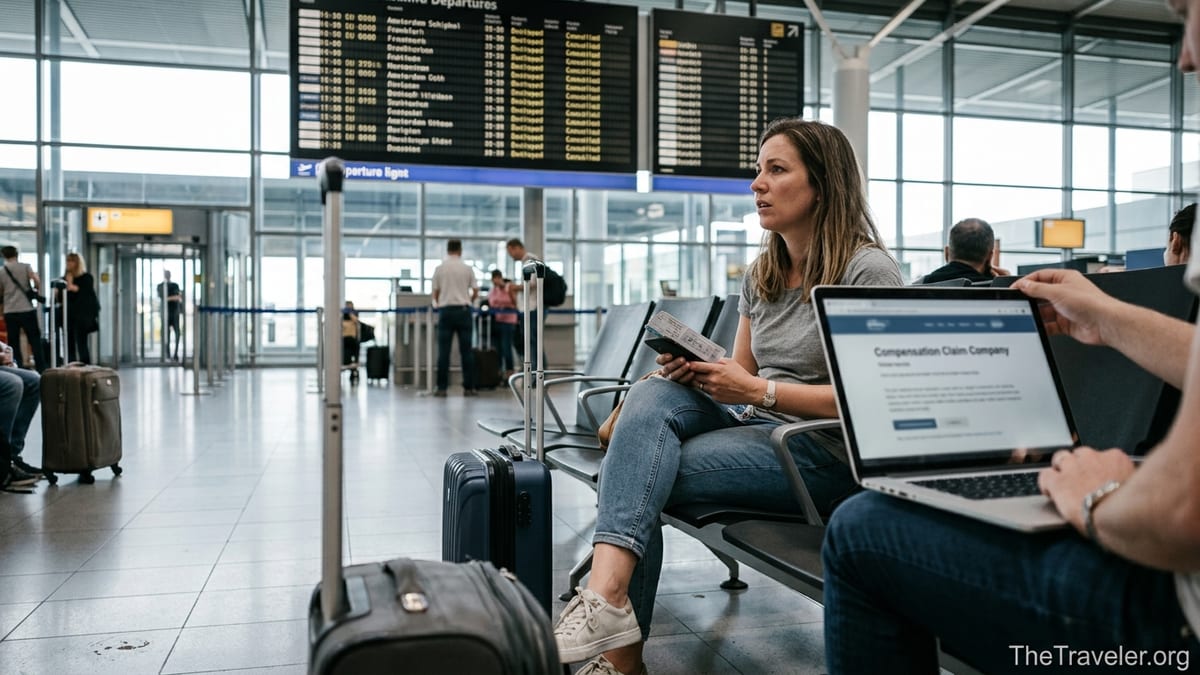 Frustrated traveler in a European airport checking a flight compensation claim on a laptop.