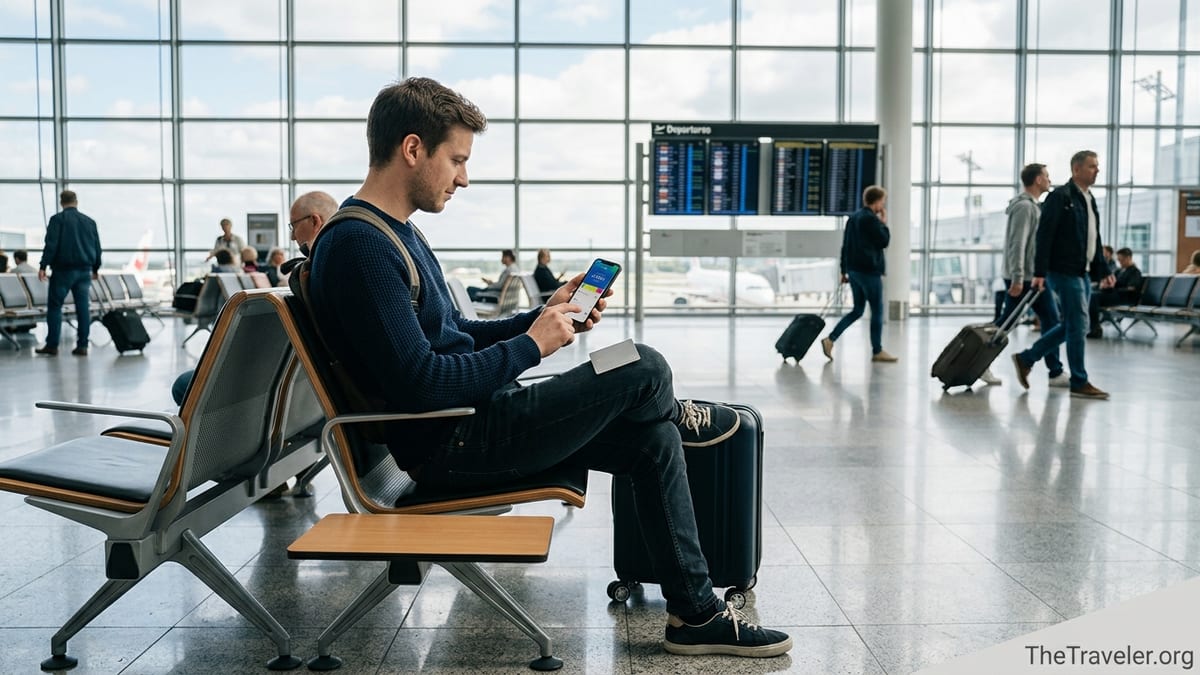Traveler in an airport checking a mobile banking app with a card and carry-on luggage.
