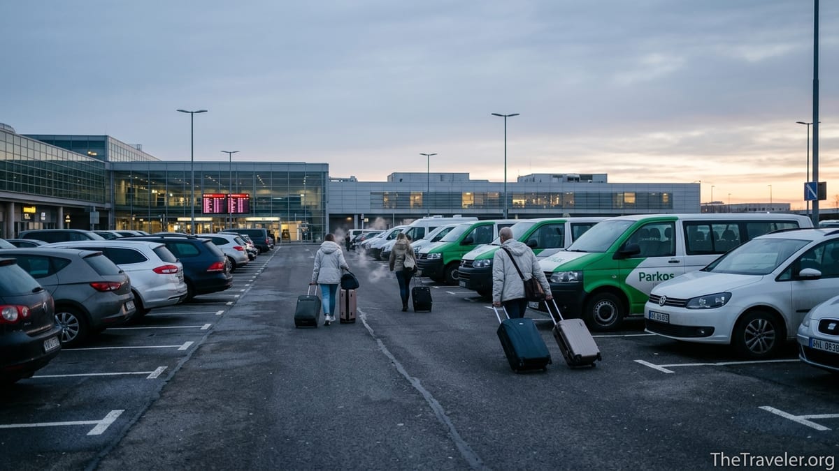 Travelers boarding a shuttle in an off-site airport parking lot near a European terminal.