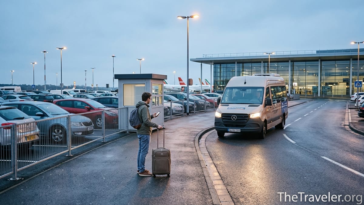 Traveler checking a phone booking as an airport parking shuttle arrives at dawn.