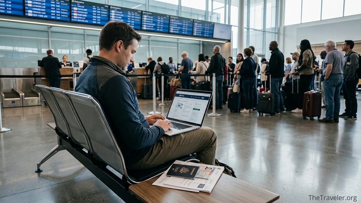 Traveler in an airport reviewing online visa documents next to passport and papers.