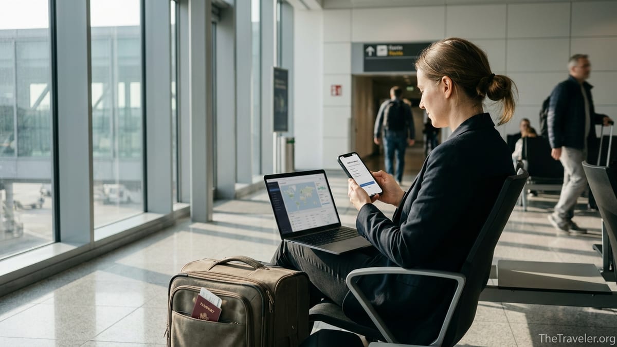 Traveler in airport using smartphone and laptop to set up a travel eSIM.