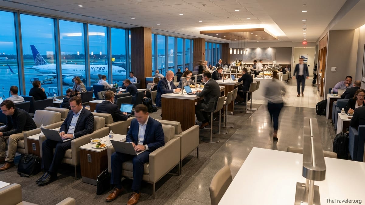 Travelers working and relaxing inside a busy United Club lounge with a United jet outside the window.