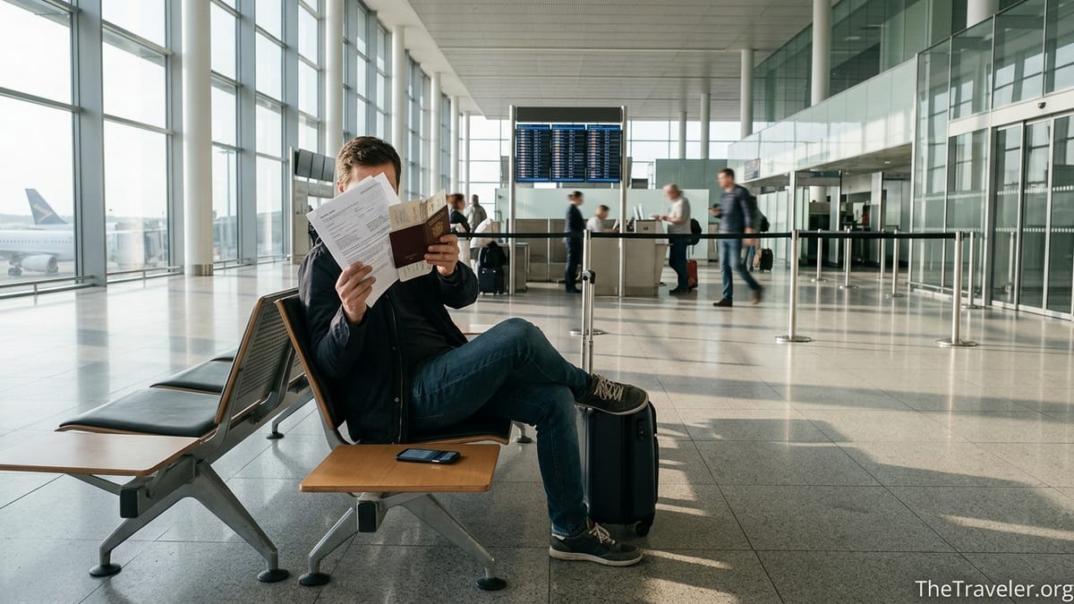 Traveler at airport bench reviewing passport and visa papers before international flight.