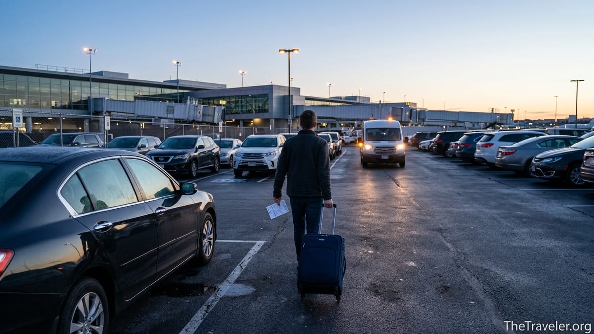 Traveler walking through an off-airport parking lot at dawn toward a shuttle van near a terminal.