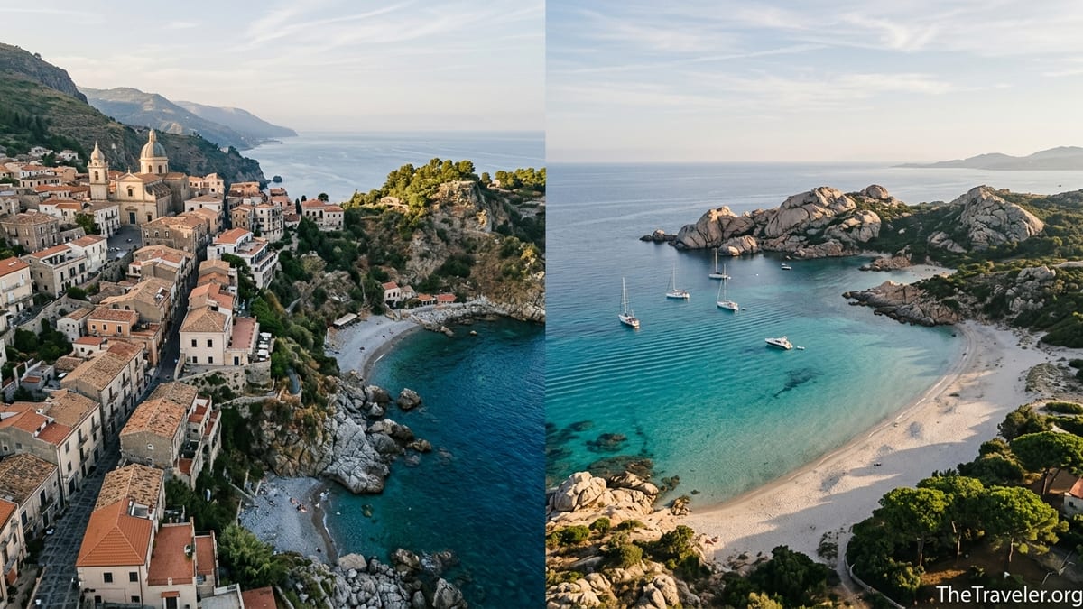 Aerial coastal view contrasting Sicily’s hillside town and rocky cove with Sardinia’s sandy turquoise beach.