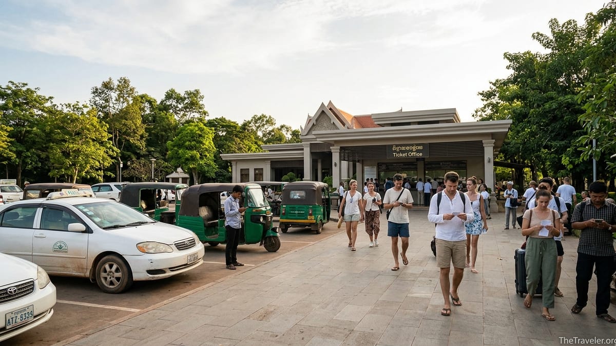 Travelers arriving by taxi and tuk-tuk at the Angkor Ticket Office near Siem Reap in late afternoon light.