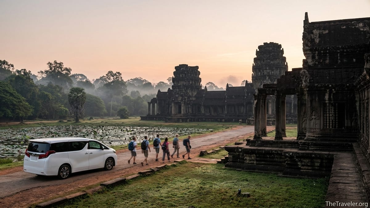 Travelers arriving by minivan walk toward Angkor Wat at sunrise from the new Siem Reap airport