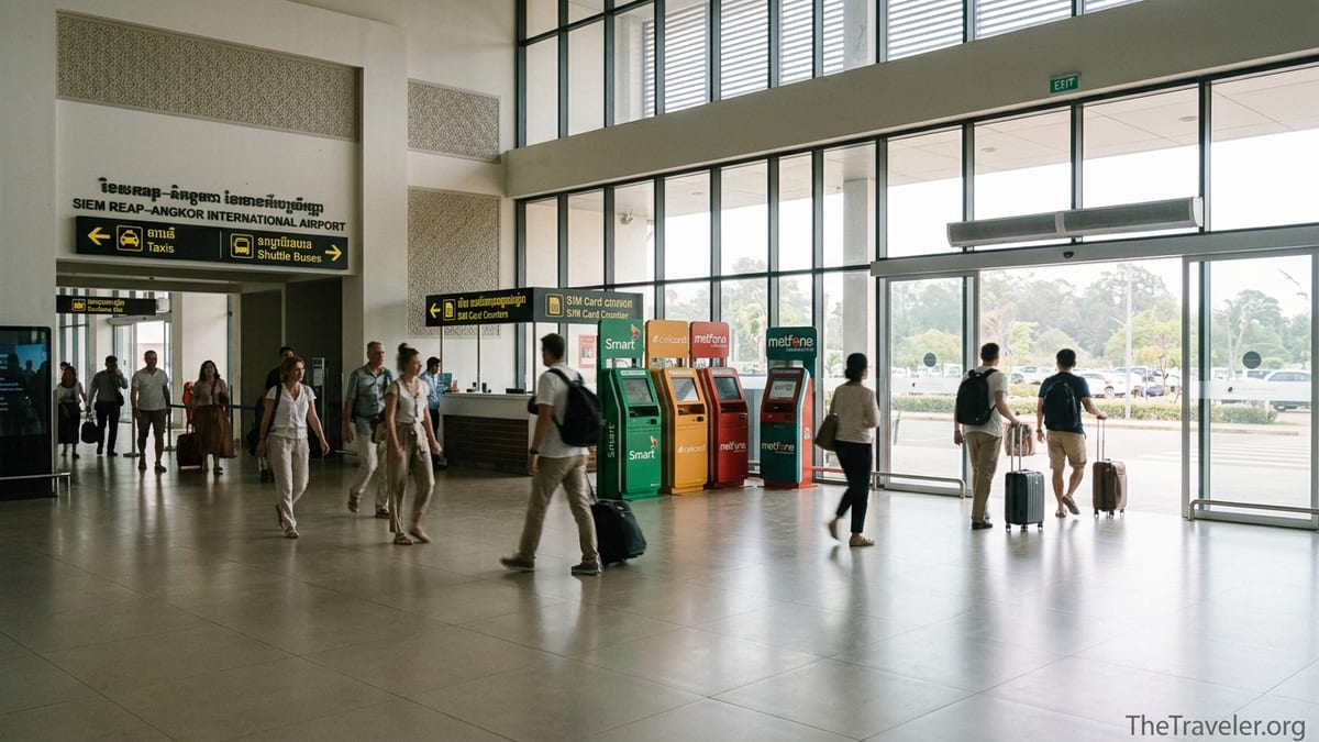 Arriving passengers walk through the arrivals hall at Siem Reap–Angkor International Airport.