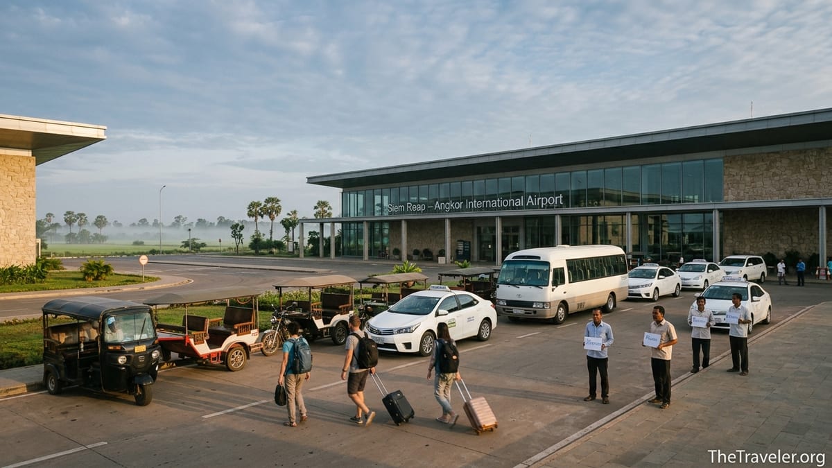 Arriving travelers outside Siem Reap Angkor International Airport boarding taxis and shuttle buses.
