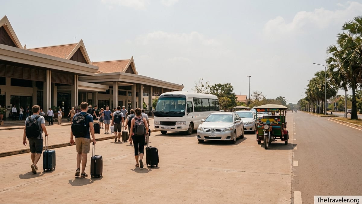 Travelers outside Siem Reap Angkor Airport choosing between shuttle bus, taxi and tuk-tuk.