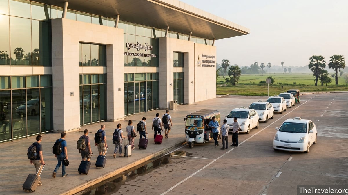 Travelers boarding taxis outside Siem Reap Angkor International Airport at sunrise.