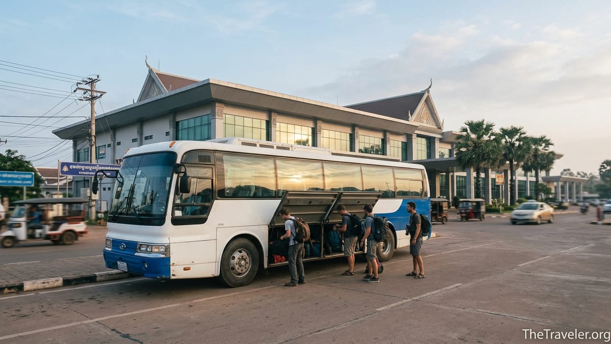 Travellers boarding the official shuttle bus outside Siem Reap Angkor International Airport.