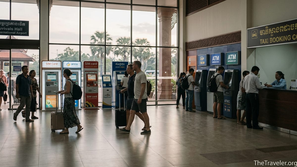 Arriving travelers using SIM kiosks and ATMs in Siem Reap Angkor Airport arrivals hall.
