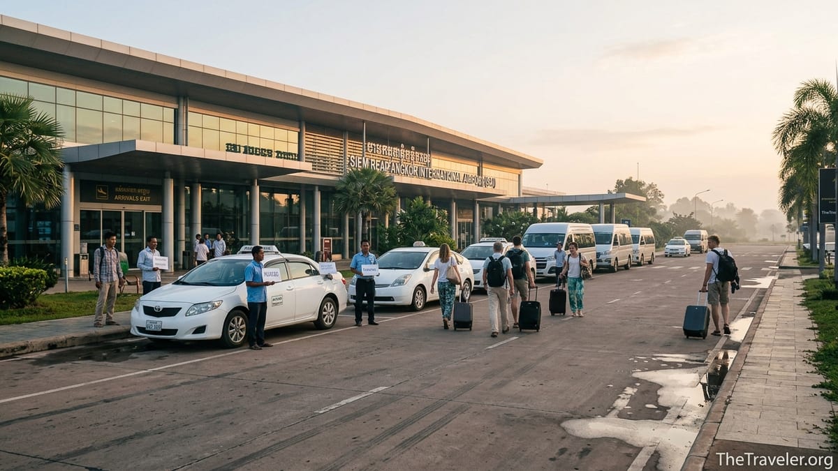 Taxis and travelers waiting outside Siem Reap Angkor International Airport at sunrise.