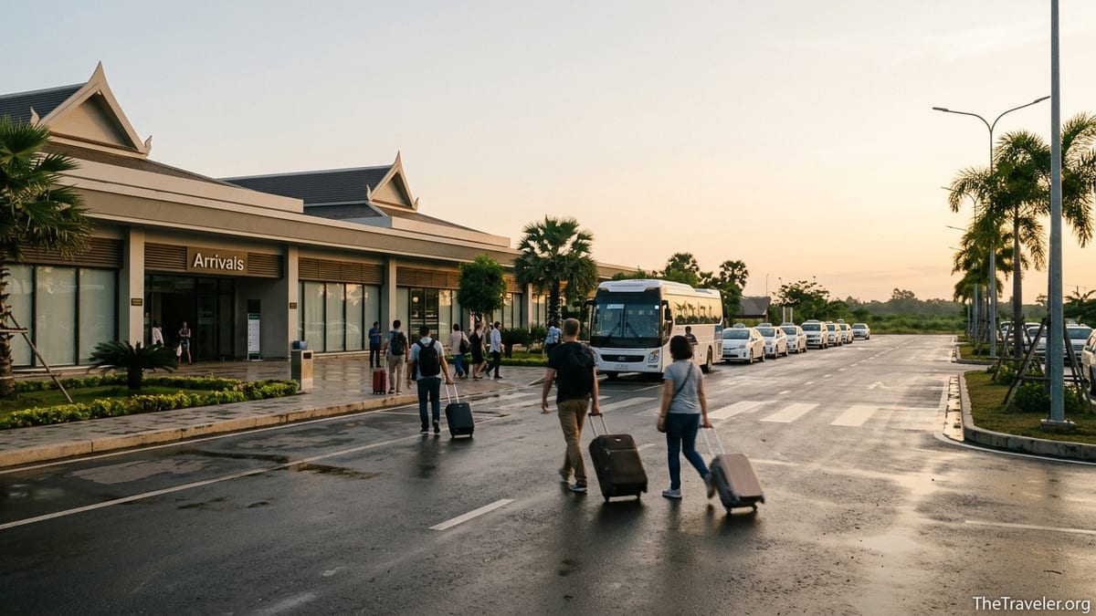 Arriving passengers outside Siem Reap Angkor Airport choosing taxis and shuttle bus at dusk.