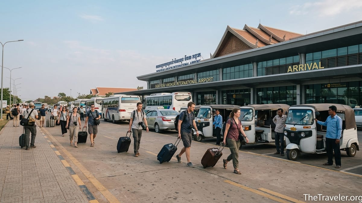 Travelers exiting Siem Reap Angkor Airport toward shuttle buses, taxis and tuk-tuks on a sunny afternoon.