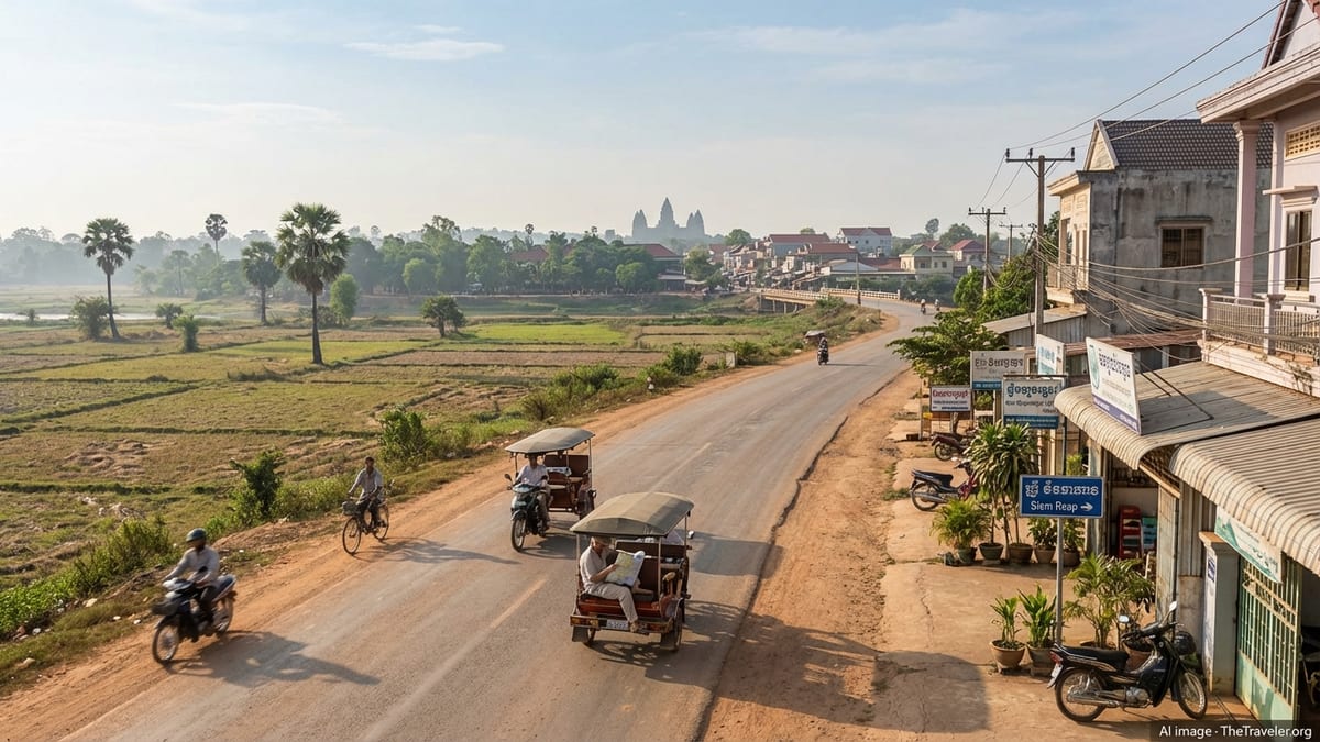 Early morning view of Siem Reap, Cambodia with tuk-tuks, buildings, and distant Angkor Wat.