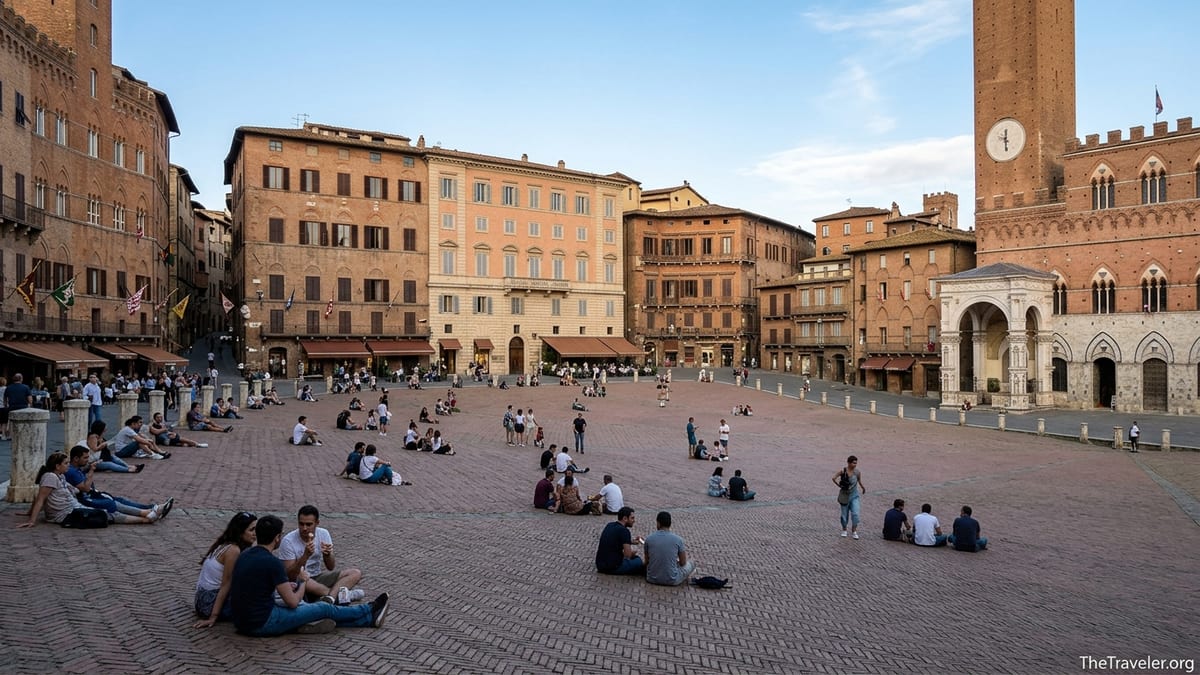 Piazza del Campo in Siena with people relaxing on the sloping brick square under warm afternoon light.