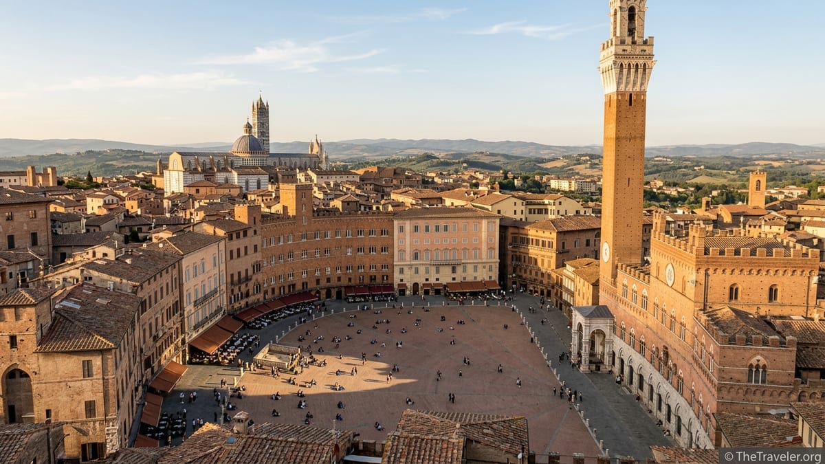 Aerial view of Siena’s Piazza del Campo with Torre del Mangia and rooftops at golden hour.