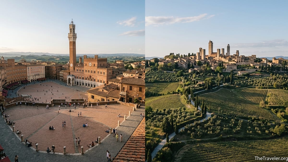 Panoramic view contrasting Siena’s Piazza del Campo with San Gimignano’s towered skyline over Tuscan hills at sunset.