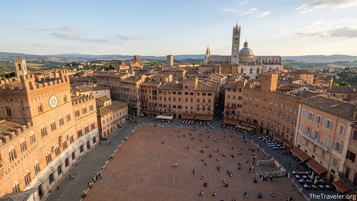 Early evening view of Siena’s Piazza del Campo and Duomo under golden light.