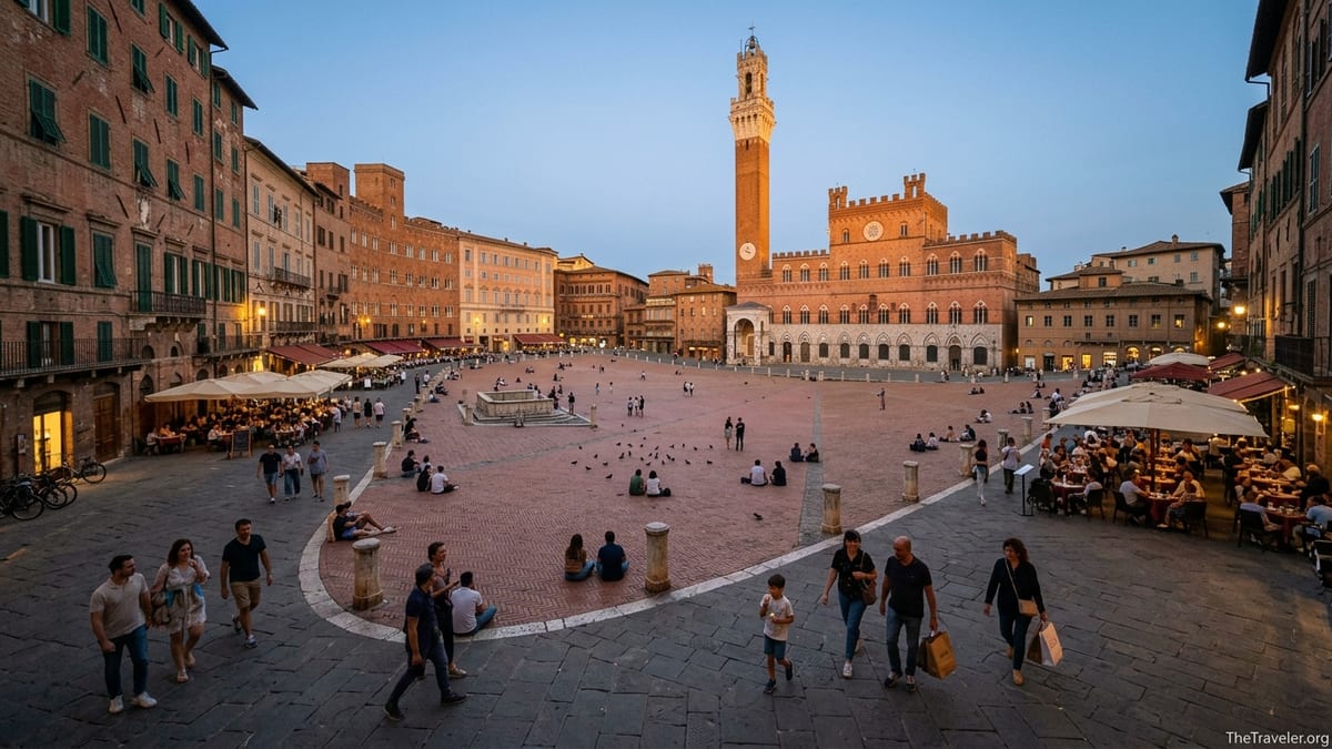 Early evening view of Siena’s Piazza del Campo with Torre del Mangia and scattered crowds.