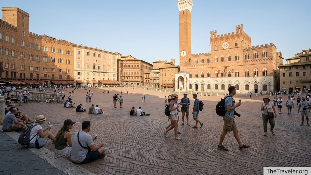 Late afternoon view of Siena’s Piazza del Campo with people relaxing on the sloping brick square.