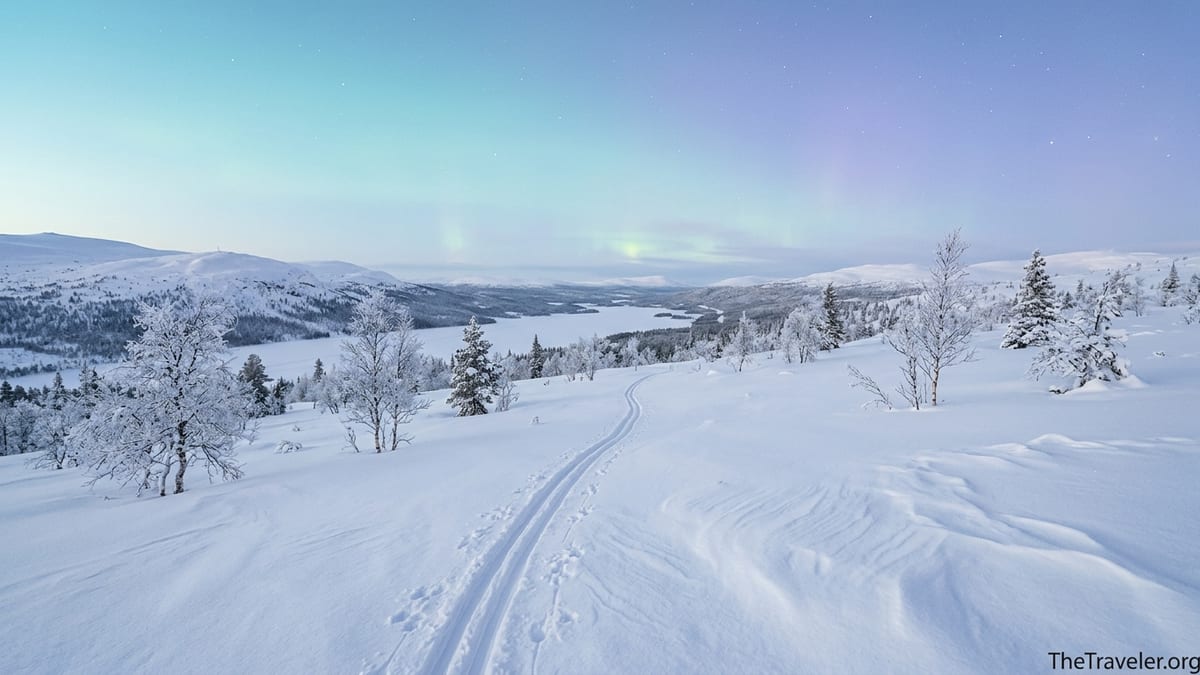 Snow-covered fells and a lone ski trail in silent Pallas–Yllästunturi winter landscape.