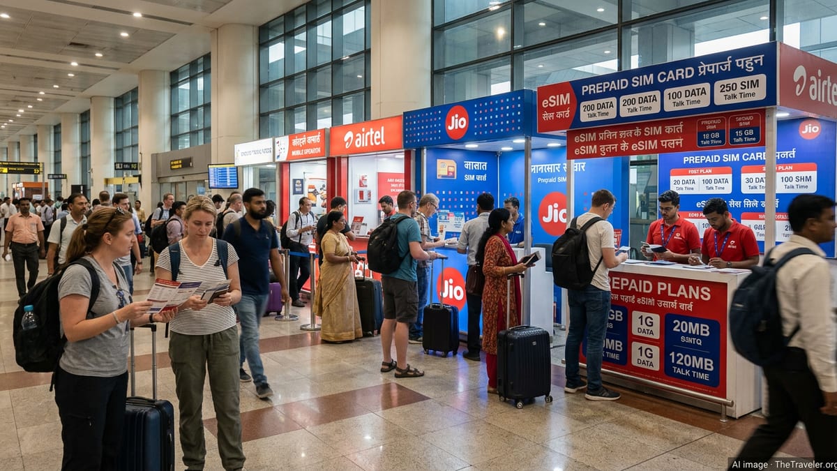 Foreign tourists buying prepaid SIM cards at mobile kiosks in an Indian airport arrival hall.