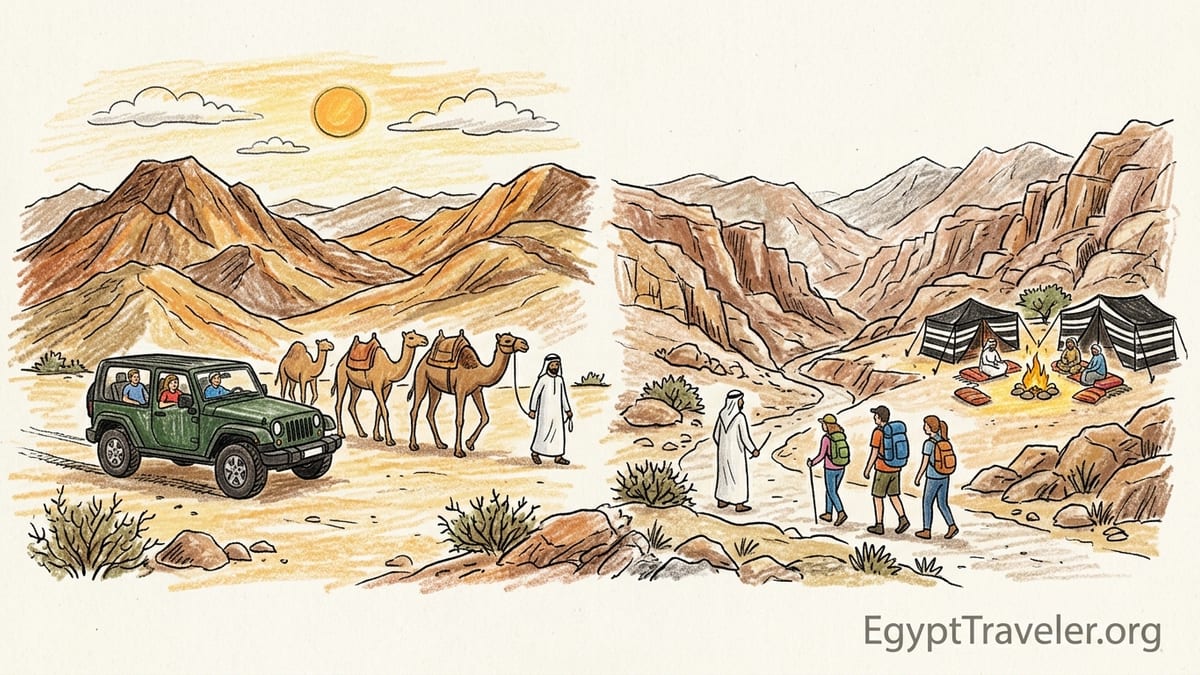 Bedouin campfire in the Sinai desert at twilight with camels and stars above.