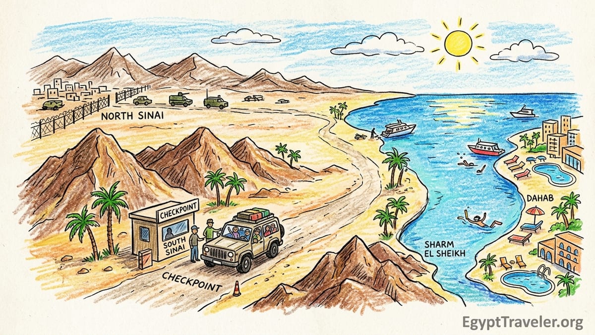 Sunrise view over Dahab’s coastline and Sinai mountains with calm sea and desert.