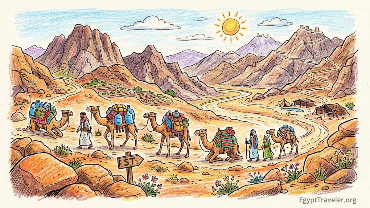Bedouin guides with camels leading hikers along a rocky ridge above St Catherine at sunrise on the Sinai Trail.