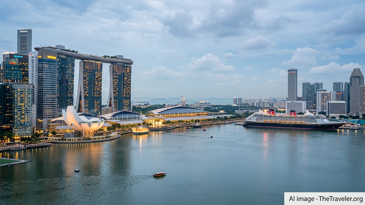 Singapore Marina Bay skyline at dusk with a large cruise ship docked and luxury hotels lit up.