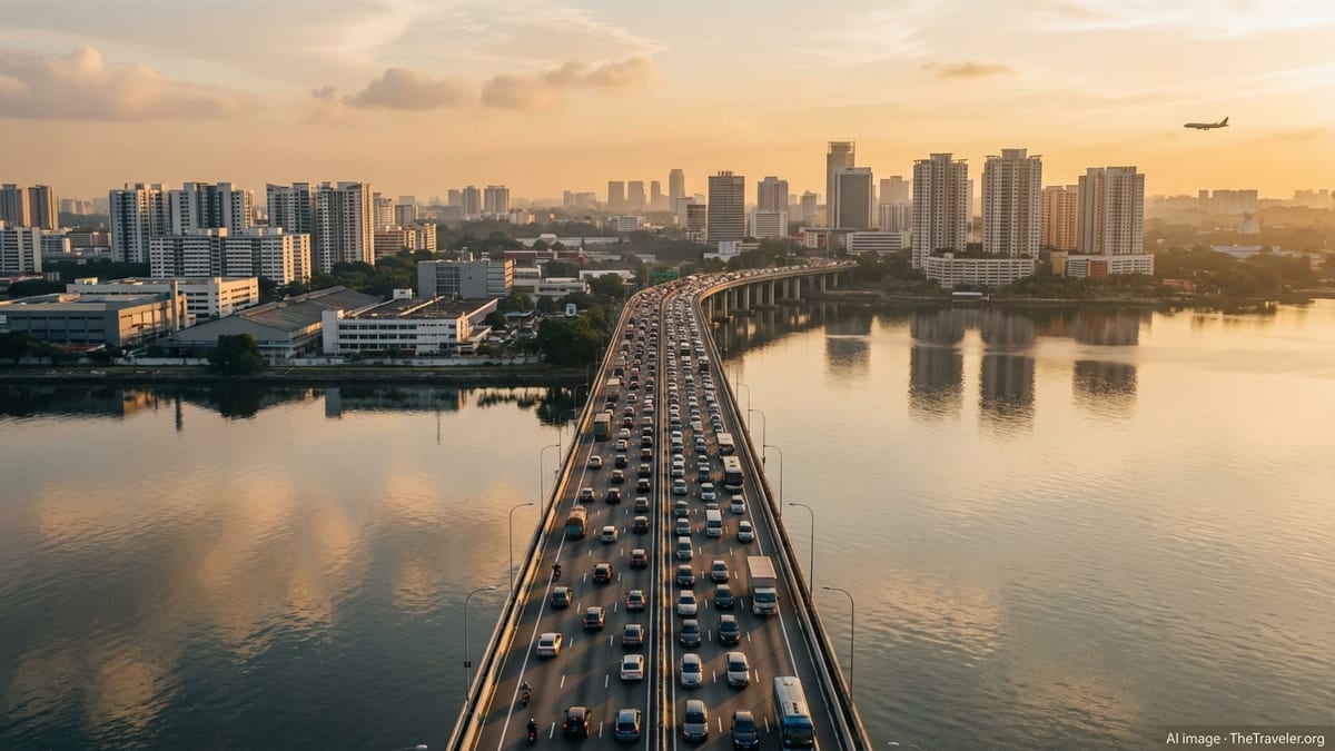 Aerial view of the busy Woodlands Causeway linking Singapore and Johor Bahru at sunset.
