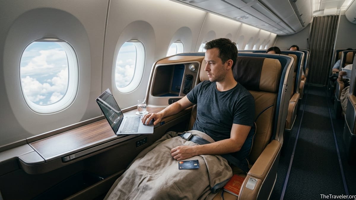 Traveler in Singapore Airlines business class seat using laptop with KrisFlyer credit card on table.
