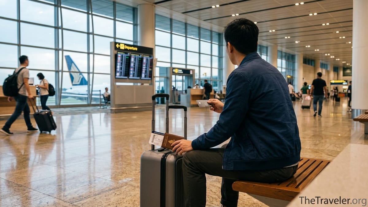 Traveler at Changi Airport holding a credit card beside a Singapore Airlines boarding pass.