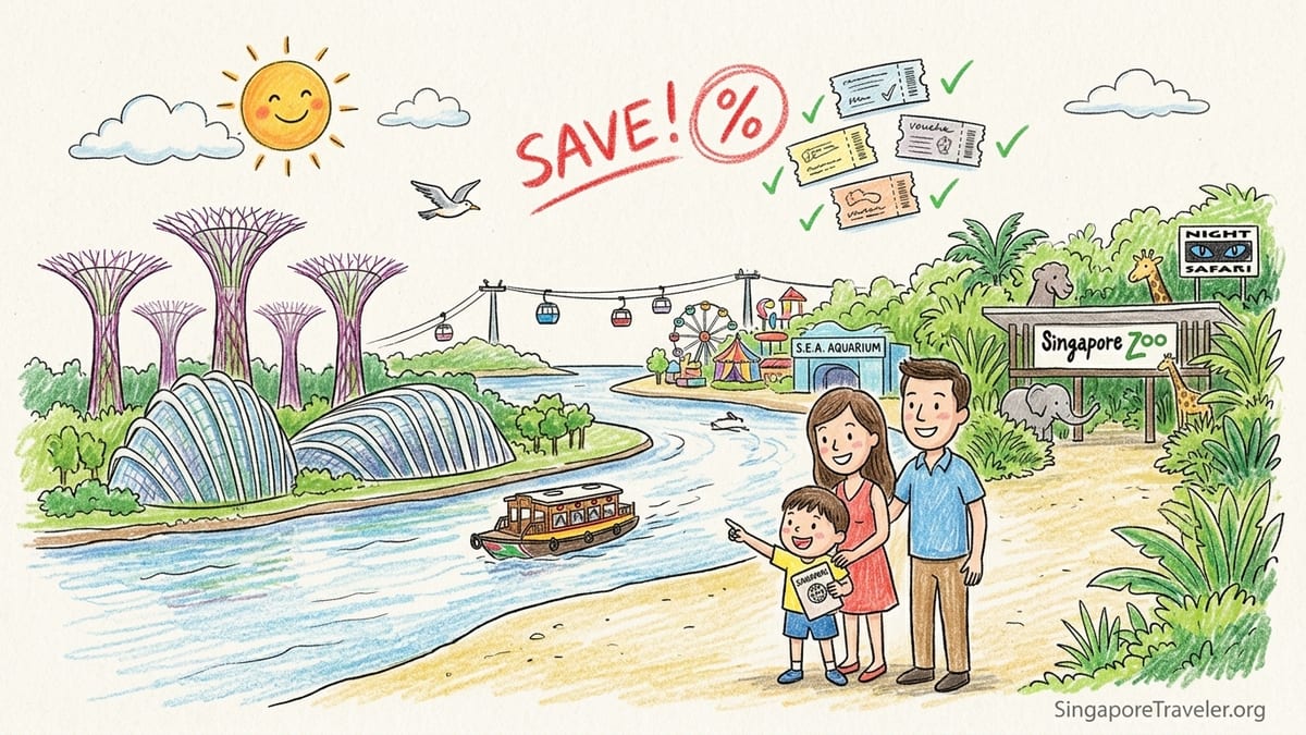 Tourists walking along Singapore’s Marina Bay with Gardens by the Bay and Singapore Flyer in the background.