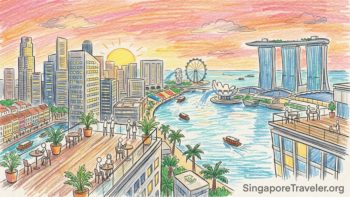Rooftop bar in Singapore CBD at sunset overlooking Raffles Place and Marina Bay Sands skyline.